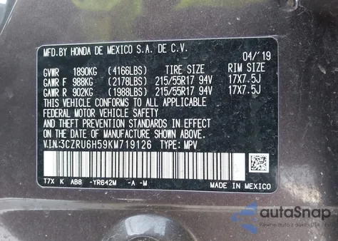 2019 Honda Hr-V Ex из США, поврежденный, VIN 3CZRU6H59KM719126